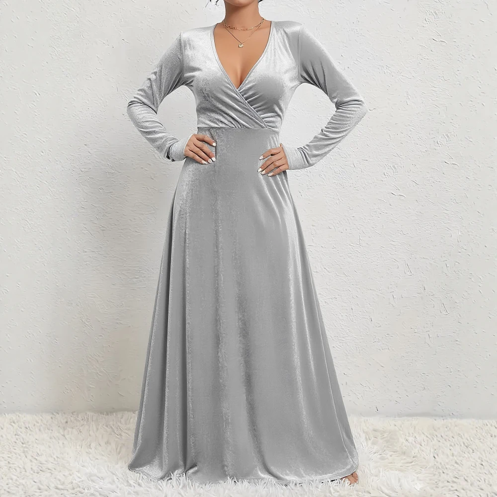 Winter Tight Fit Dress Casual Round Neck A-Line Skirt Mid-Length Straight Sleeve Women's Clothing Fashion Style