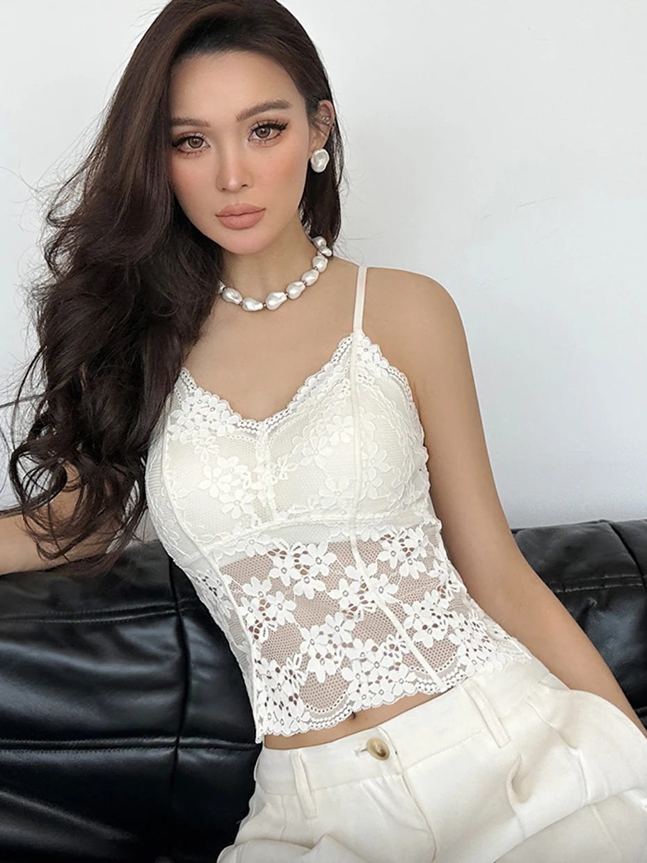 Sexy Strapless Lace Vest Top Women's Underwear Outerwear No Wire Small Strap Tank Top Inner Wear Base Layer Polyester Fiber