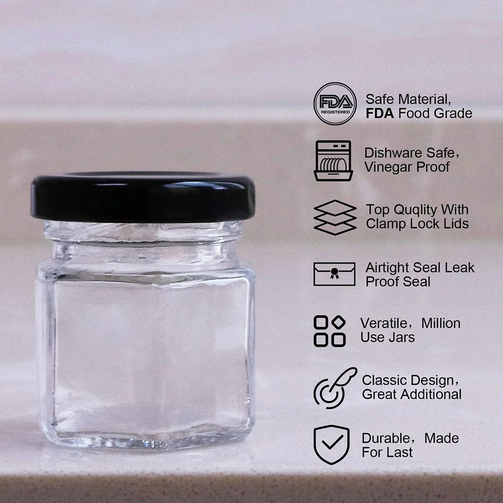 1.5 oz Clear Hexagon Jars,Small Glass Jars With Lids(black),Mason Jars For Herbs,Foods,Jams,Liquid,Mini Spice Jars