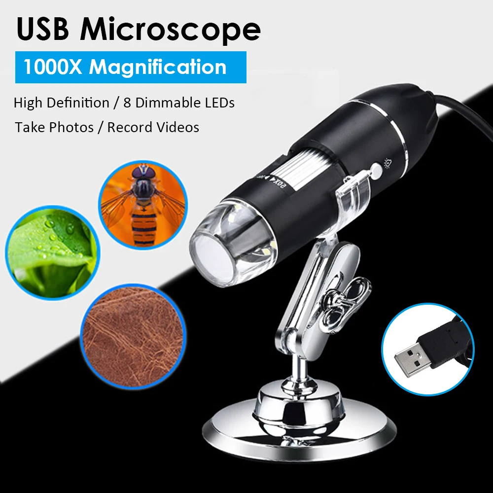 USB Digital Microscope 1600X Magnification Camera 8 LEDs with Stand Compatible with Android Windows/ XP Win 7 8 10 Vista Linux