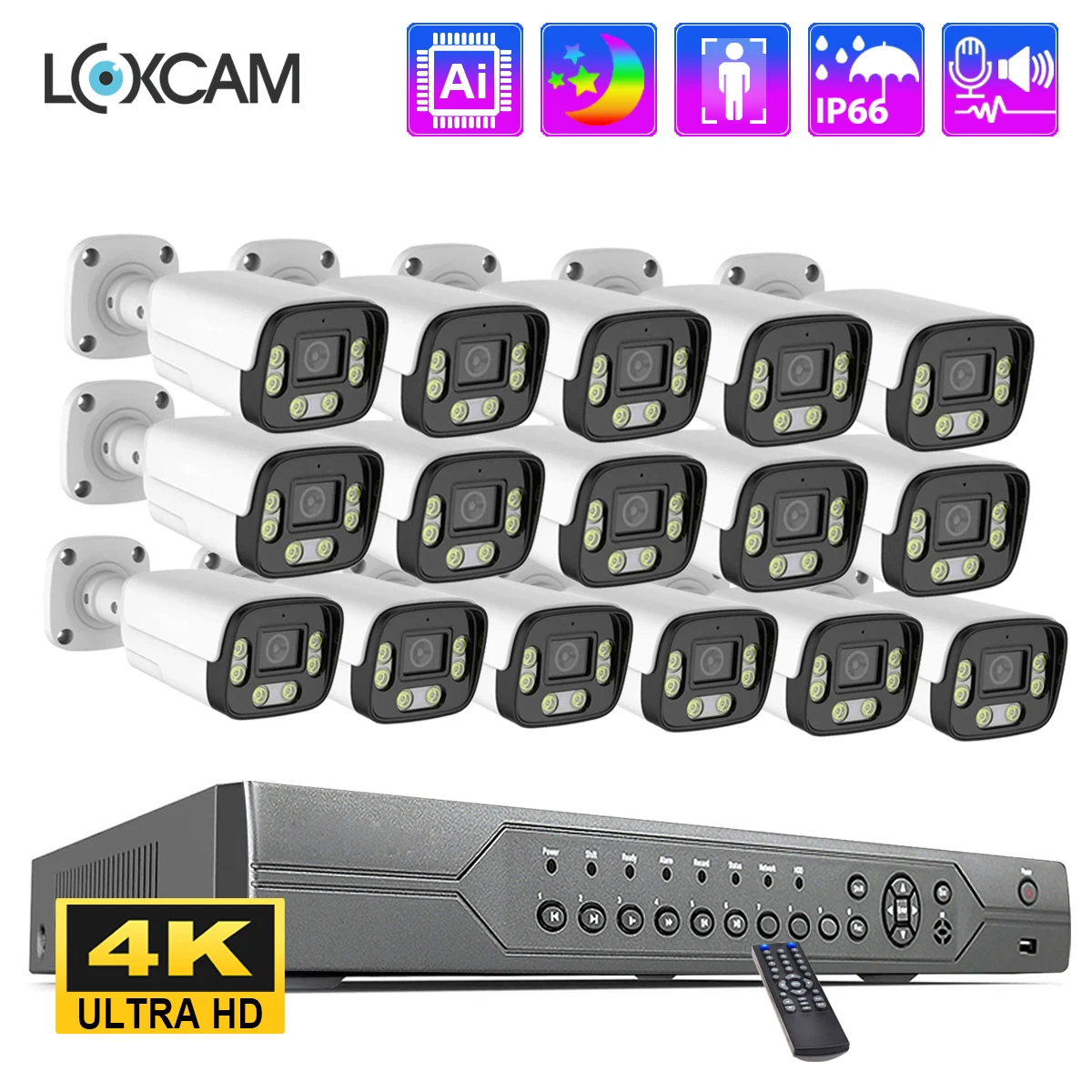 

LOXCAM H.265 16CH Video Surveillance 4K POE NVR CCTV Security System 8MP Two Way Audio Color Night Vision Outdoor IP Camera Kit