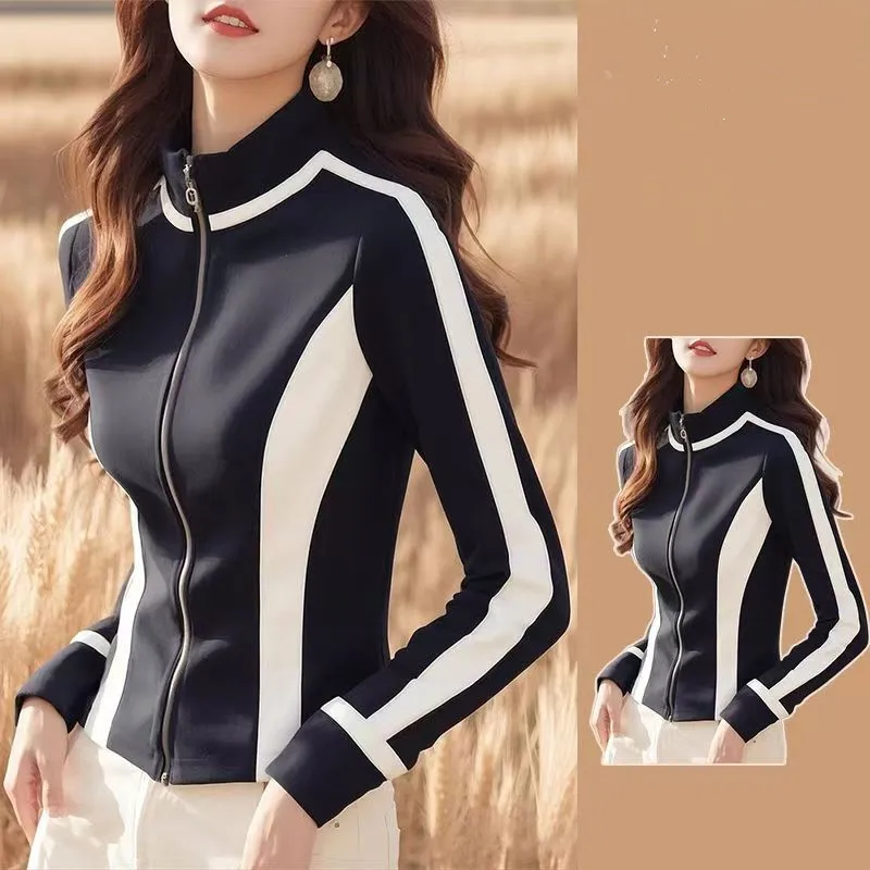 Black White Contrast Casual Zipper Hoodie Women Shirts Spring Autumn 2025 Korean Fashion Stand Collar Slim Jacket Office Lady