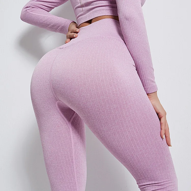 Frauen Gestrickte Gestreifte Leggings Hohe Taille Athletisch Yoga Workout Fitness Rippen Gym Strumpfhosen Elastische Sportwear Drop Shipping – Detail 12
