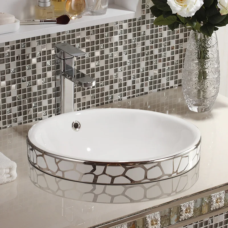 Semi Mosaic Semi Hanging Washbasin ceramic wash basin Semi Embedded bathroom sink silver bathroom wash basin