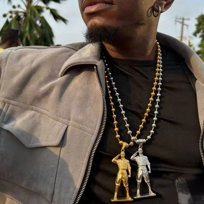 Fashion Saluting Soldier Pendant Necklace For Men Stainless Steel Retro Figure Shape Street Hip‑Hop Neck Jewelry