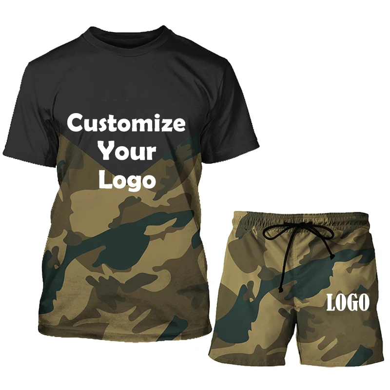 Aangepaste Mode Mannen 2 Stuk Set Trainingspakken Zomer Casual Korte Mouw Camouflage Print T-shirt Shorts Sport Past