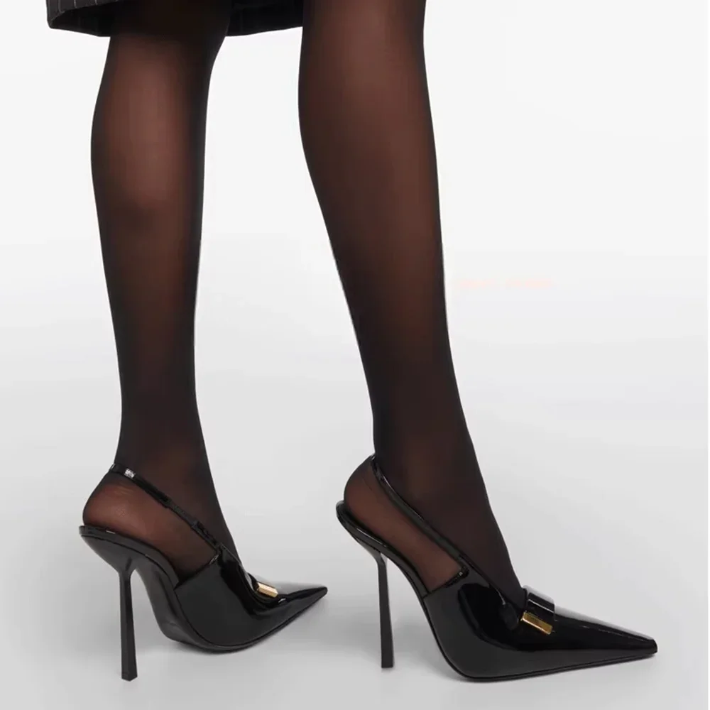 

Metal Decoration Slingback Pumps Sexy Pointed Toe Thin Heel Patent Leather New Arrivals Fahion Women Modern Shoes