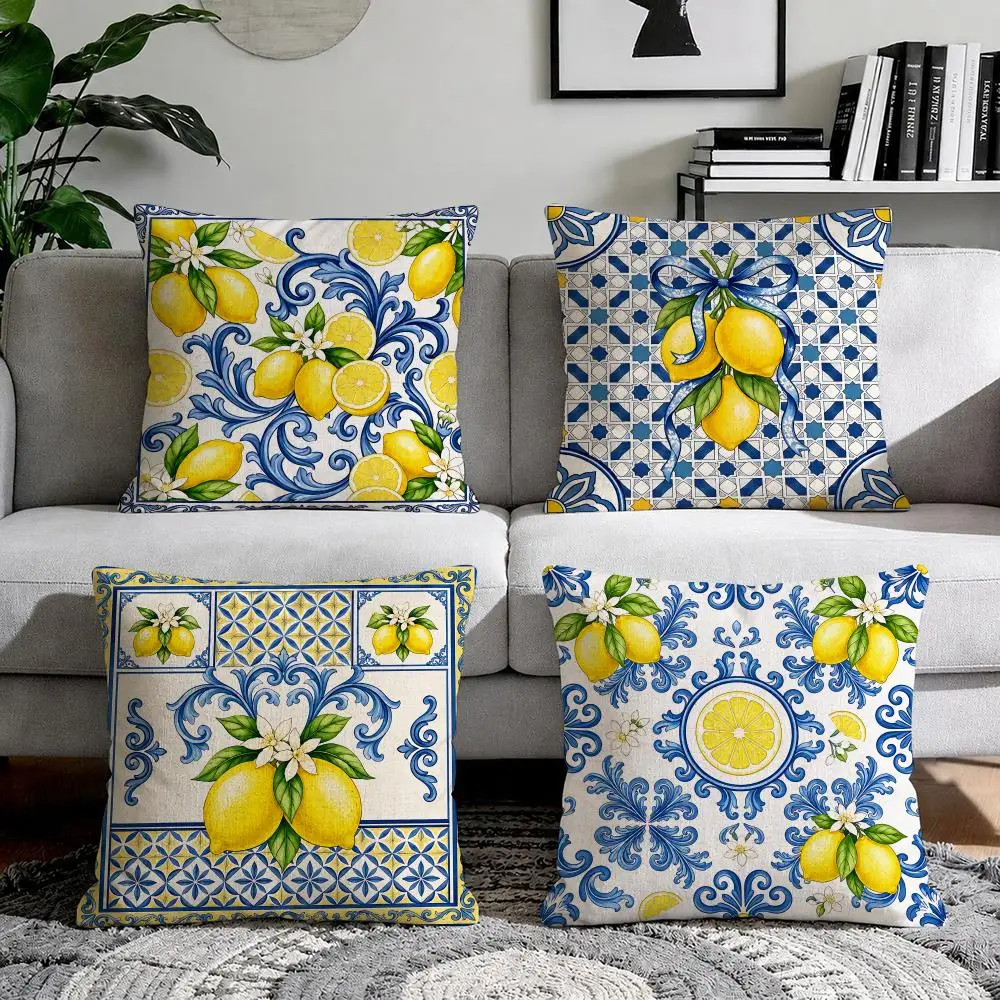 Sicilian Blue Tile Lemon Cushion Cover Natural Breathable Durable Linen Printed Decor Pillow Case Sofa Bedroom