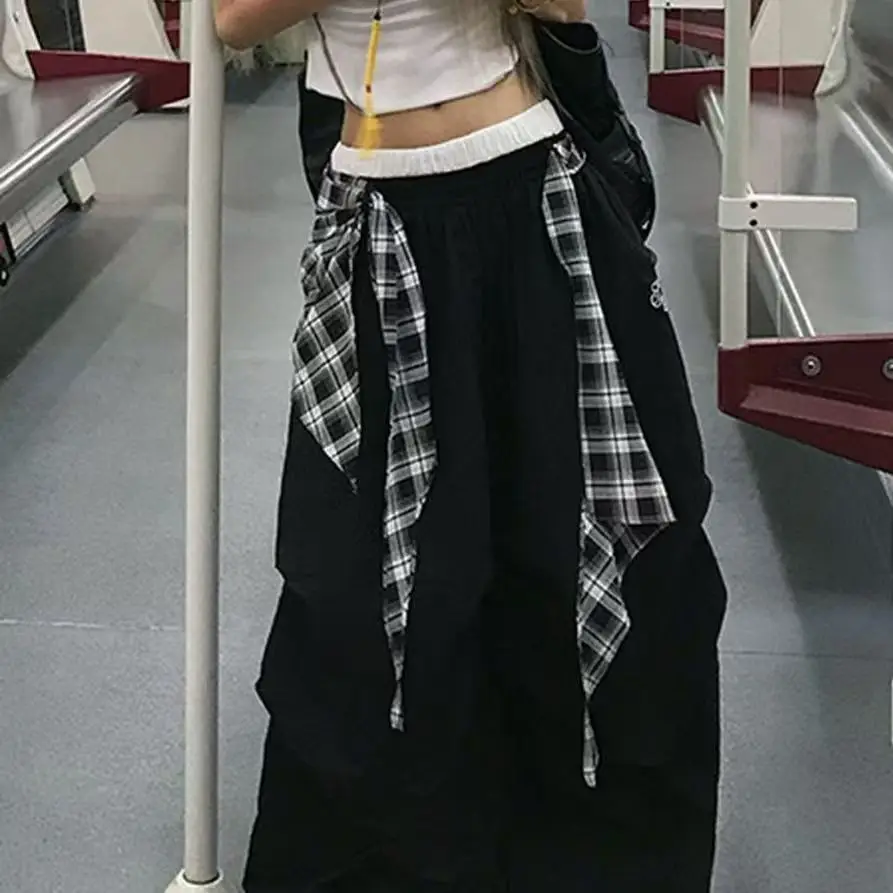 Y2K الأمريكية الأسود الرجعية الهيب هوب تقسم منقوشة حزام الساخن فتاة فضفاضة عادية عالية الخصر المرأة واسعة الساق التجفيف السريع Sweatpants