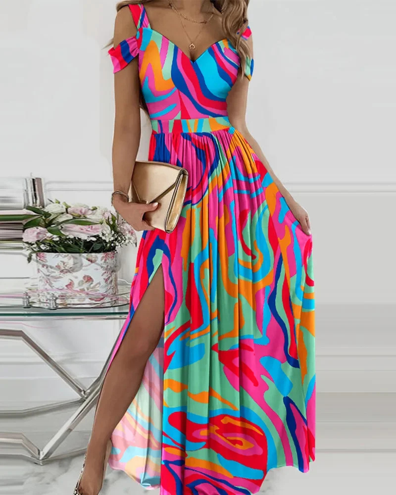 Patchwork de cores contrastantes feminino impresso Drawstring dividir vestidos longos, novos