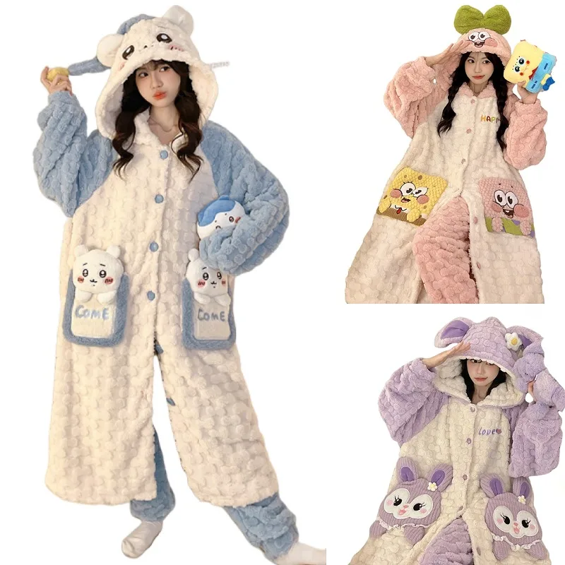 Chiikawa Coral Velvet Robe Pyjama Set Cute Cartoon with Plush and Thickened Hood StellaLou Girls Comfortable Bedroom Home Warm