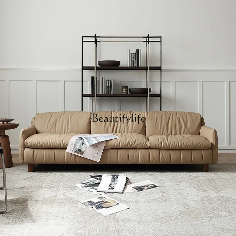 2Living room simple modern cream style small apartment minimalist cloud straight row full leather sofa