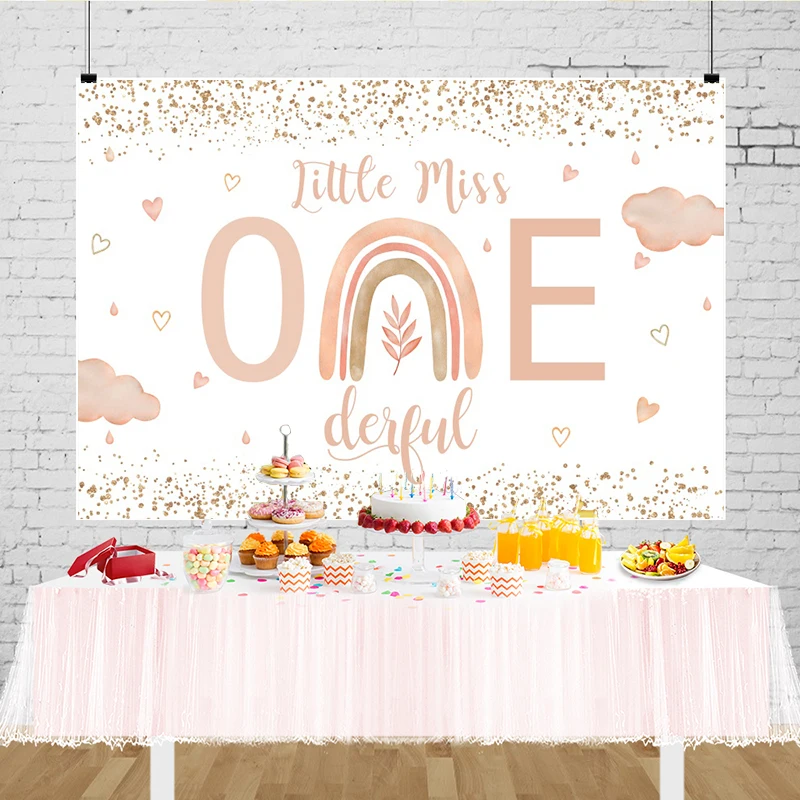 Little Miss Onederful Birthday Backdrop First Birthday Girl Party 1 Year Decoration Banner Flowers Rose Boho Rainbow Backgrounds