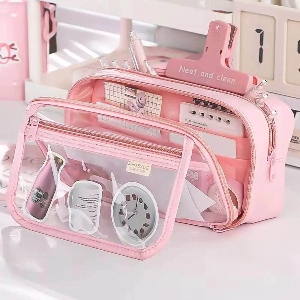 

Multi-layer Transparent Pencil case Zipper Large Capacity Transparent Pen Bag Kawaii Cute Stationery Box Female/Girls
