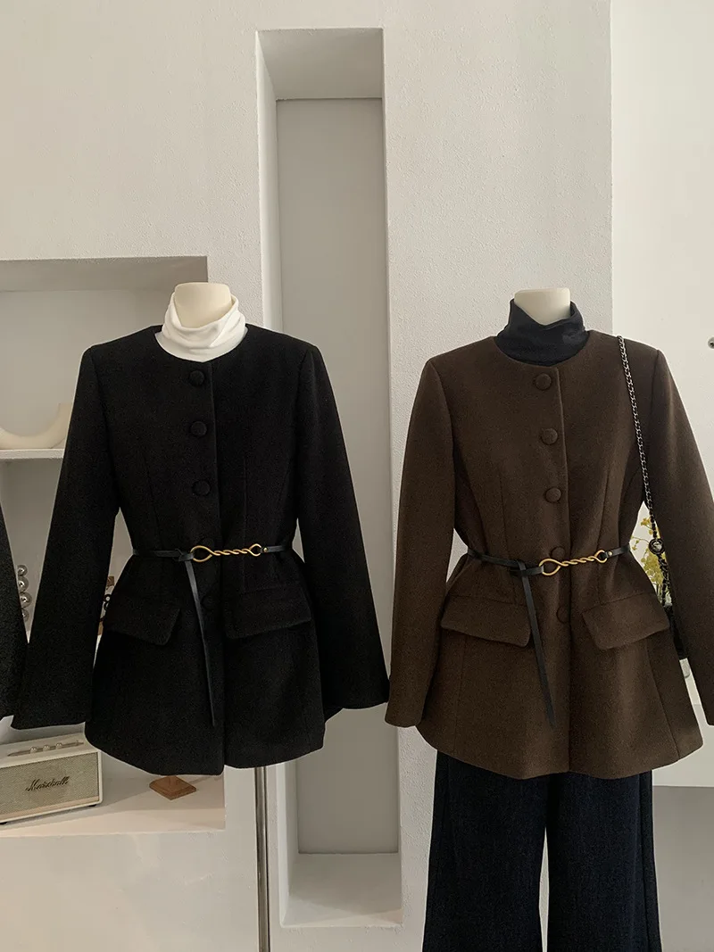 

Женское шерстяное пальто с поясом, зимнее элегантное облегающее толстое хлопковое стеганое пальто с круглым вырезом и длинными рукавами, однобортная верхняя одежда