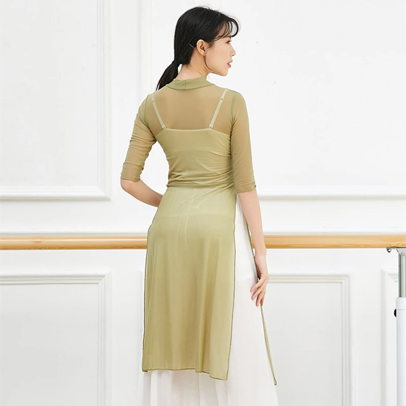 Modern Dance Top Women Side Split Bilayer Front Gauze Sheer Middle Shirt Blouse See Through Body Rhyme Folk Hanfu Practice Tops