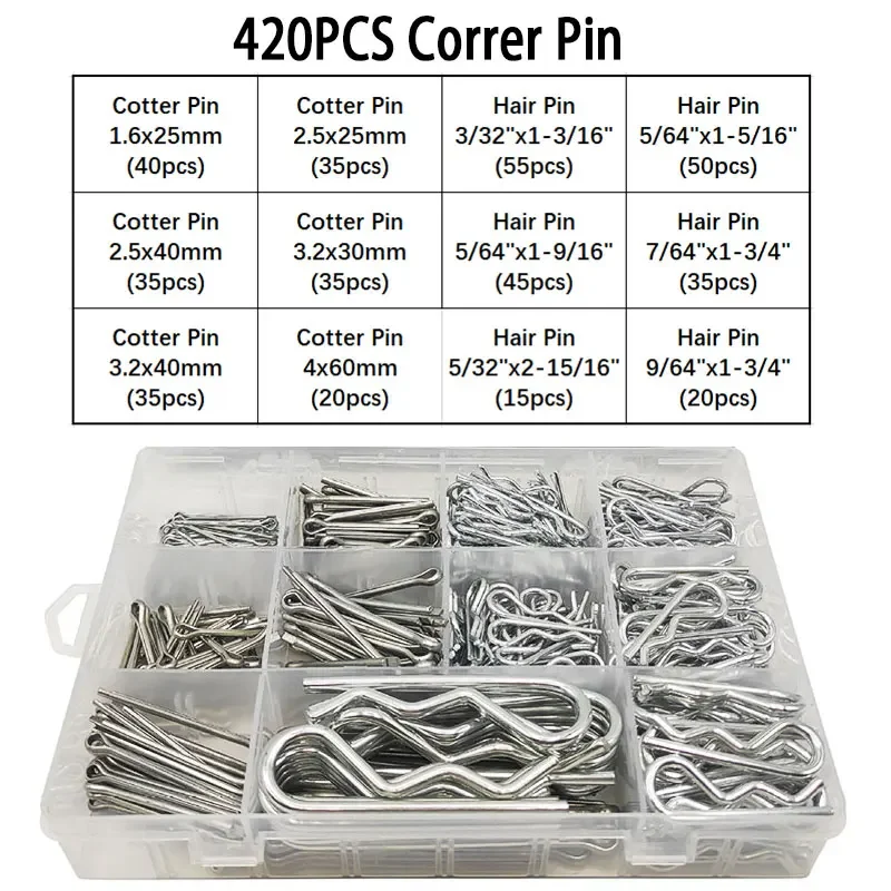 Imagem -02 - Conjunto de Sortimento de Pinos Divididos r Braçadeira de Retenção de Mola de Grampos de Cabelo de Tamanhos 200 Peças de Contrapinos e Tamanhos 220 Peças de Grampo de Cabelo Zincado