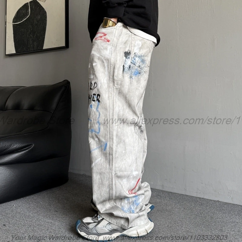 Graffiti Painted Vintage Distressed Post-Apocalyptic Wasteland Style Jeans Men Straight Loose High Street Wide-Leg Pants