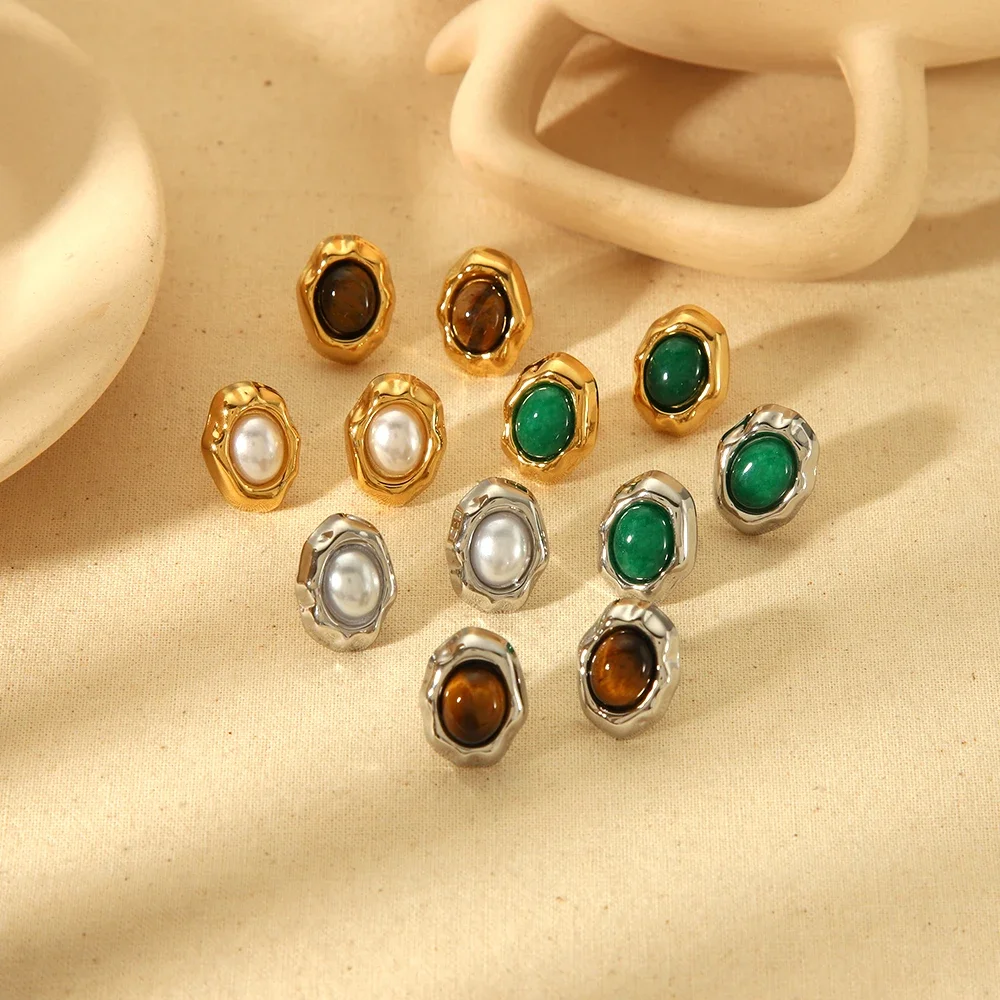 Fashion 18K Gold Plated Irregular Geometric Stud Earrings Waterproof Stainless Steel Nature Stone Pearl Earrings Jewelry
