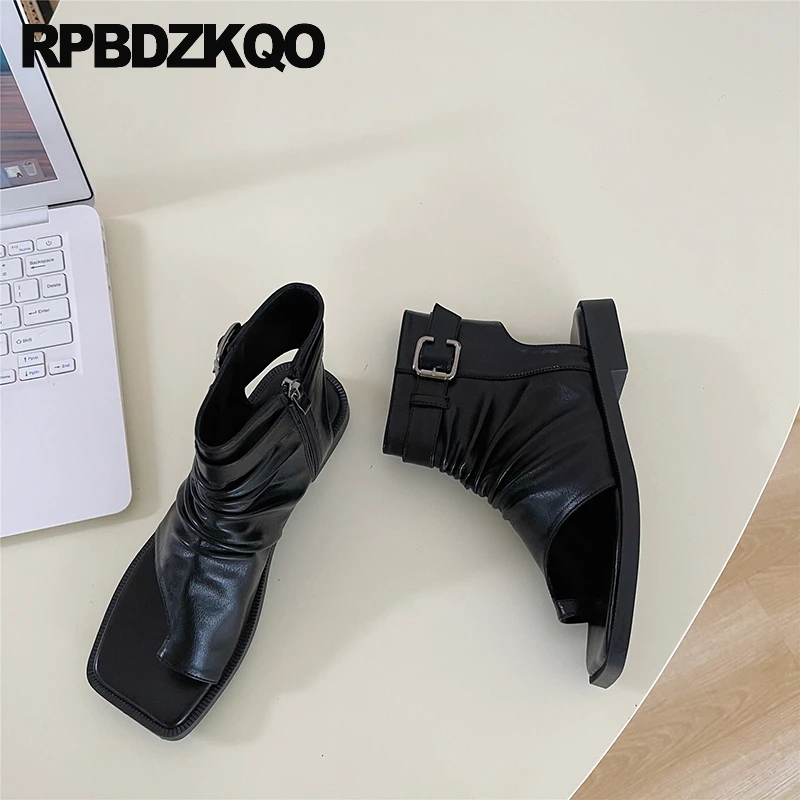 Pleated Side Zip Ankle Toe Ring Slingback Rock Punk Women Motorcycle Loop Metal Shoes Flats Boots Booties Biker Sandals Buckle