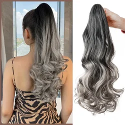 18Inch Synthetic Long Wavy Curly Ponytail Claw Clip in Hair Extension Black Grey Hairpiece for Women