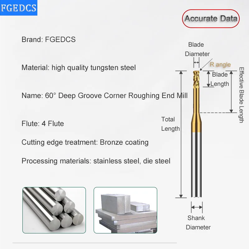 Micro Corner Radius End Mill Long Neck 1mm 1.5mm 2mm R0.1 R0.2 Mini Carbide CNC Cutting Deep Groove Corner Roughing Tool 4 Flute