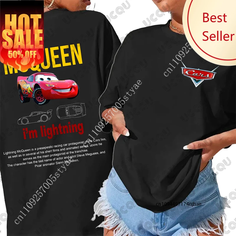 

Lightning Mcqueen and Sally Cars Print Cotton T-shirt For Women Summer Short Sleeve O-neck Tees Casual Streetwear Couples Tops