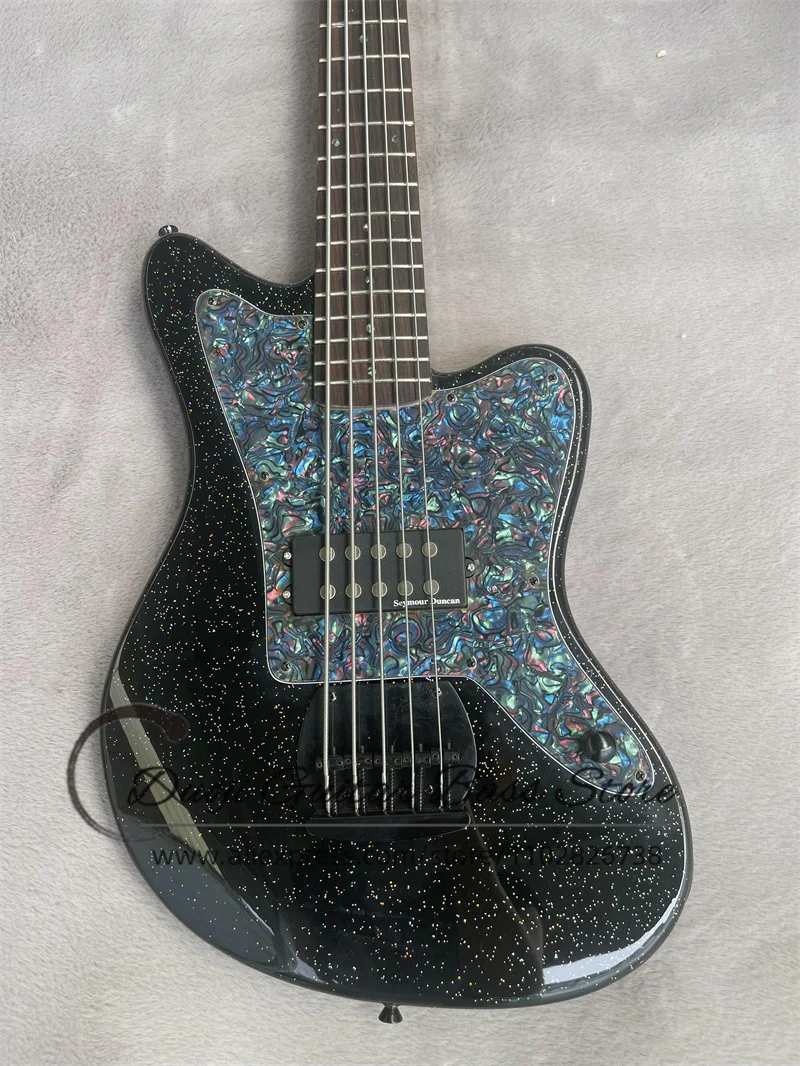 5 Strings ELectric Bass Black Body Flash Particle H Pickup 21 Frets Fixed Bridge Abalone Shell Pickguard  Factory Custom