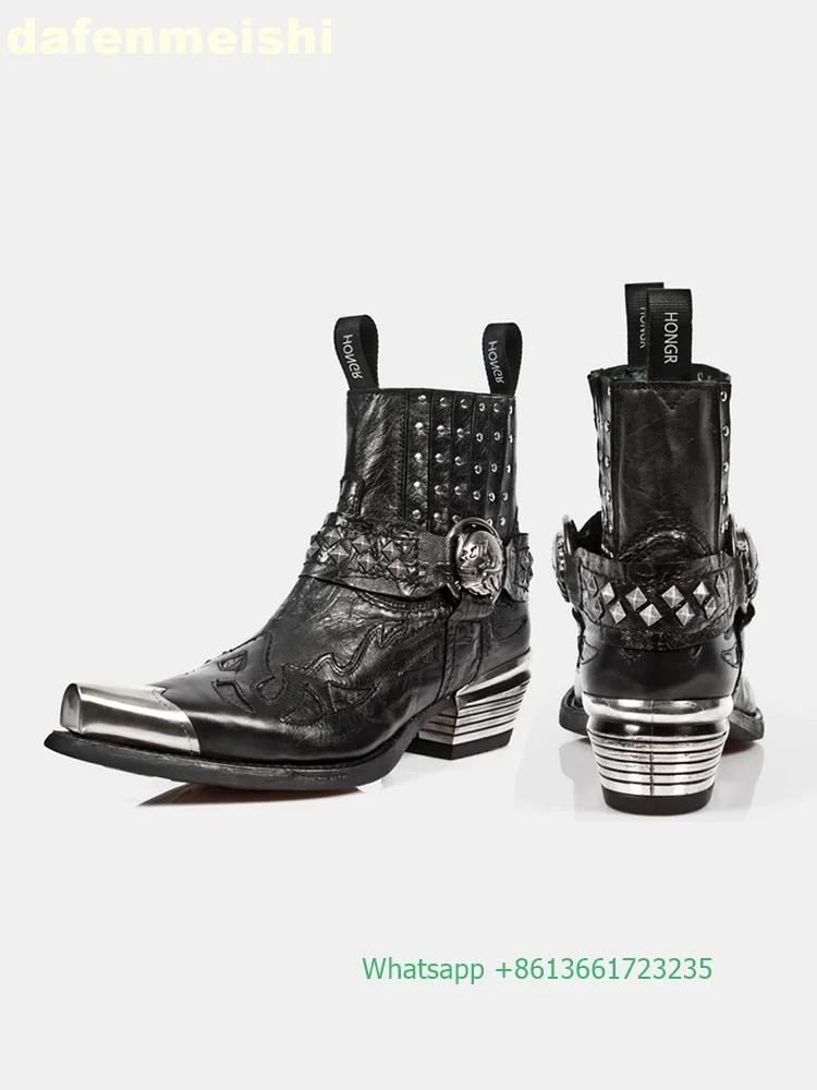 Metal Square Toe Chunky Heel Boots Rivet Metal Buckle Black Leathe Western Cowboy Boots Men/women Height Increasing Chelsea Boot