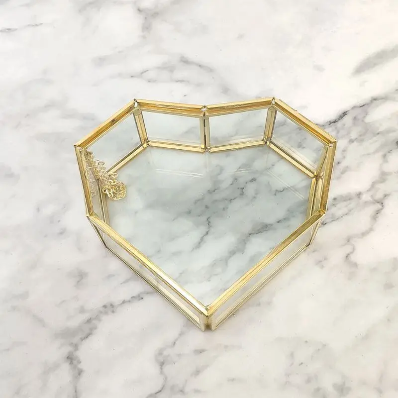 Vintage Mirrored Glass Box Jewelry Heart Holder Decorative Wedding Bridal Party Gift Boxes Gold 40GB