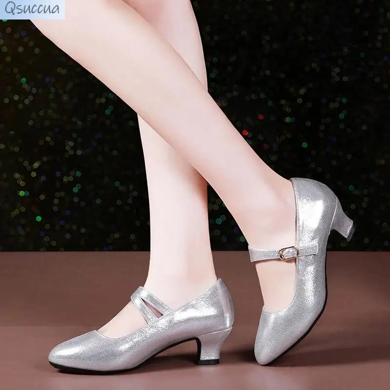 Latin Dance Shoes Ladies Dance Women's Soft-Soled Mid-High-Heeled Ballroom Dance Modern Shoes