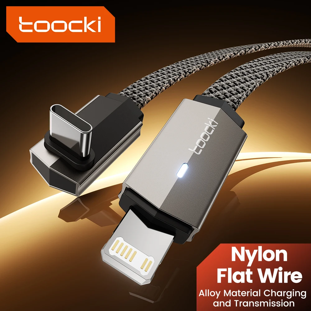 Toocki tipo C al cable de iluminación 90 ° Cable USB de aleación de aluminio con indicador LED de codo para iPhone 14 13 12 Pro Max Xs Xr 8 7 Plus iPa