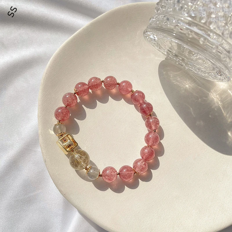 

Natural Strawberry Crystal Bracelet Beaded Gold Hair Stone Gray Moonstone Jewelry Handmade DIY Unique Hand Strand Accessories