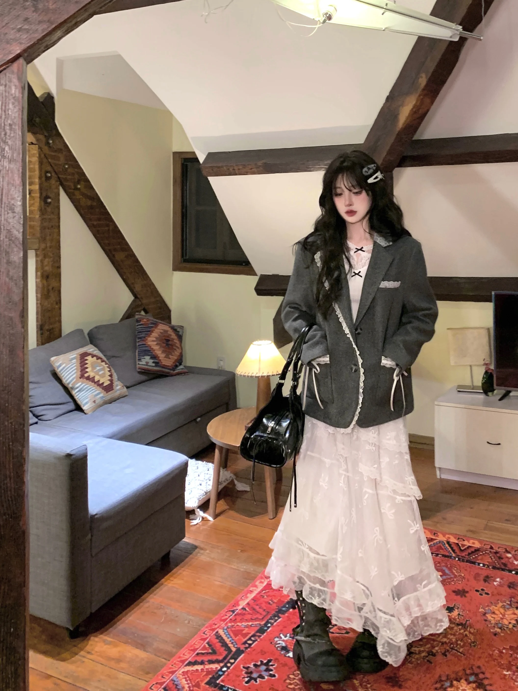 

Шерстяной пиджак для девочек с кружевной отделкой, длинный рукав, повседневная одежда, коллекция Bull033, весна-осень