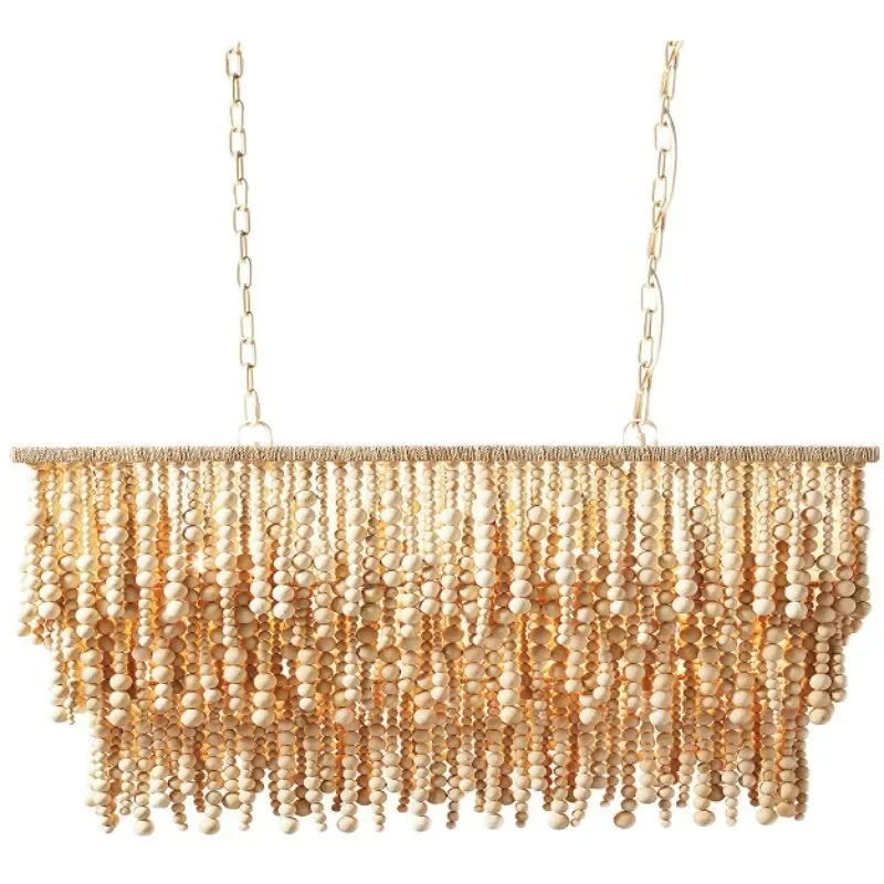 Bohemian Wood Bead Chandelier French Style Fringe Pendant Light for Living Room Dining Bedroom Outdoor Wedding Decor