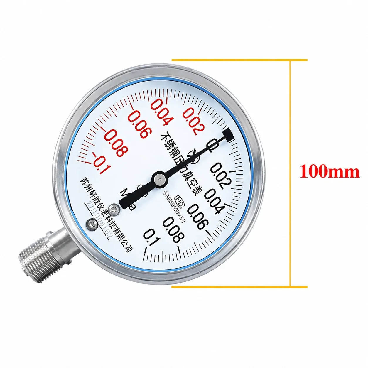 Y100BF 100mm Stainless Steel Vacuum Pressure Gauge -0.1~0.1MPa M20x1.5 Thread IP65 Industrial Equipment Compound Gauge