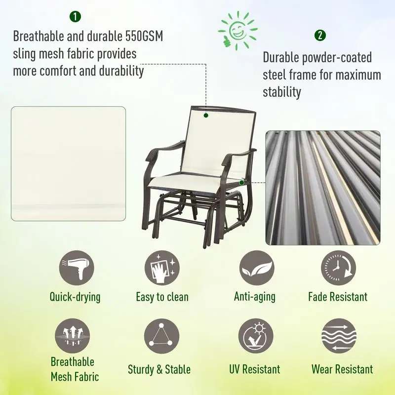 طقم كراسي طائرة شراعية خارجية مكون من 3 قطع مع طاولة قهوة، كرسيين متأرجح للفناء مع قماش مسامي، سطح زجاجي، أبيض كريمي