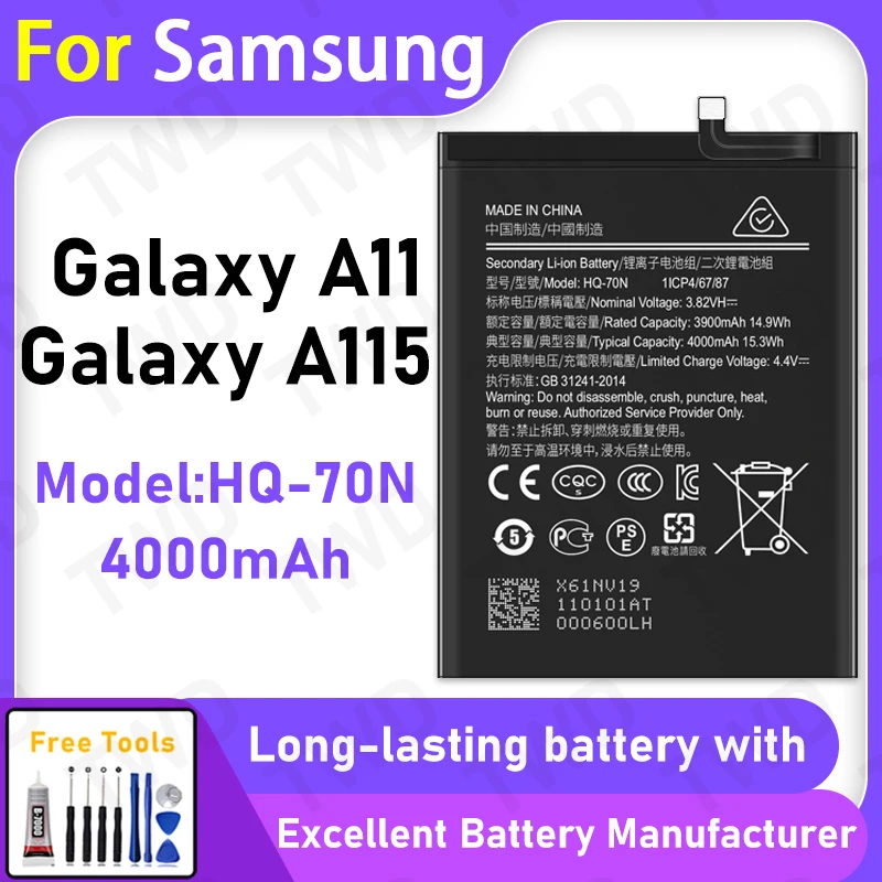 

100% New 4000mAh HQ-70N Battery For Samsung Galaxy A11 Battery Replacement Bateria+Free Tool