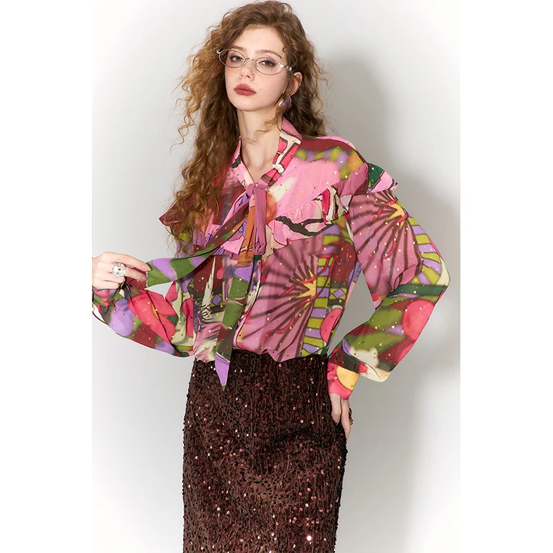 ELFSACK Y2K Sweet Casual Ruffle Tie Loose Button Chiffon Blouse For Women