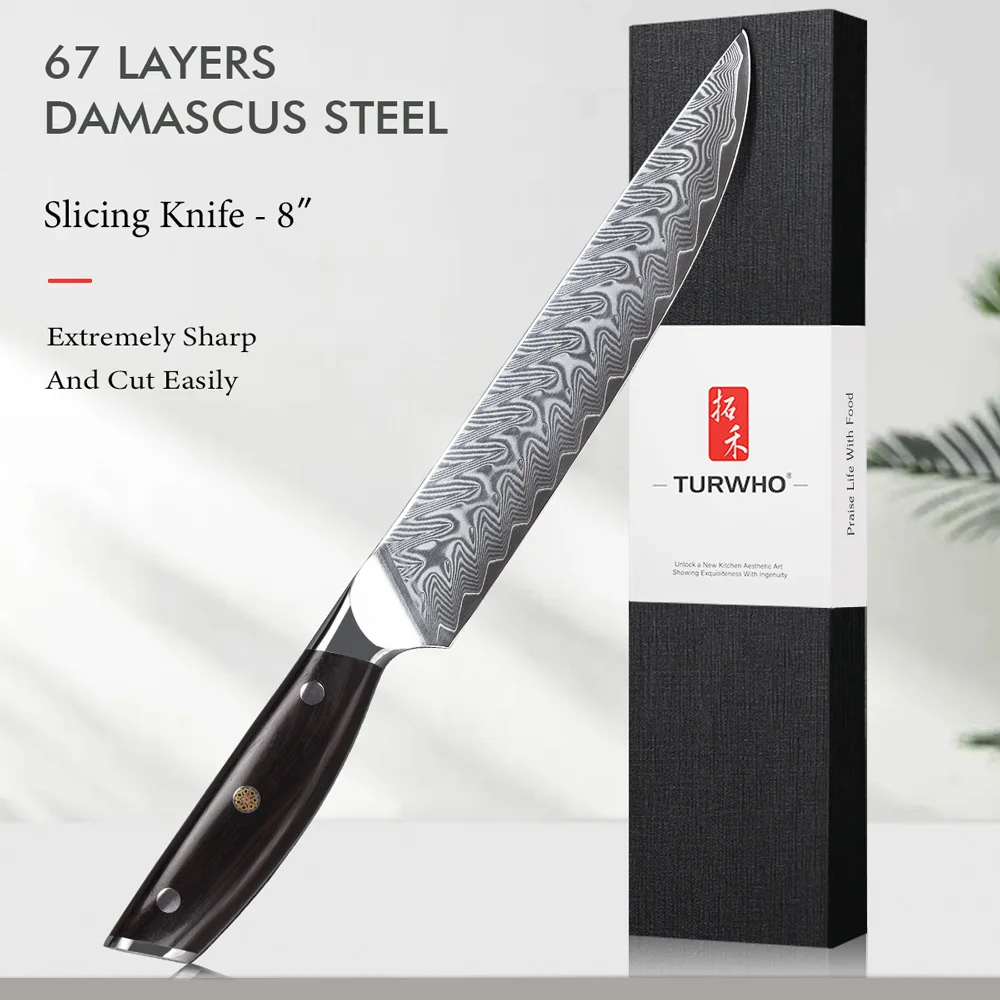 

TURWHO 8 ” Meat Cleaver 67 Layer Damascus Steel Professional Sharp Blade Chef Knife Meat Fish Slicer Kitchen Tool Ebony Handle