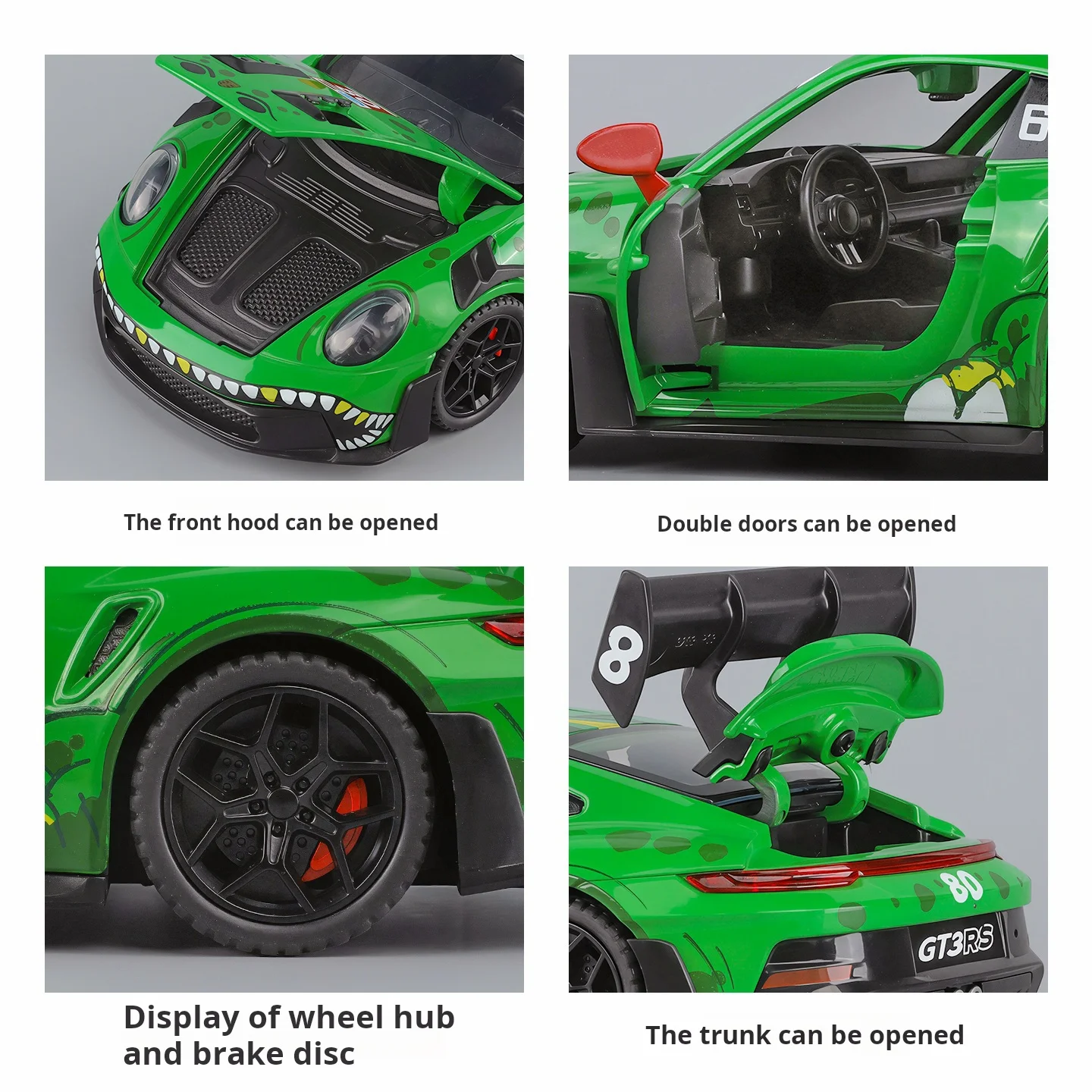 1:32 Dinosaur Graffiti GT3 RS Sports Car Alloy Diecast Model Toy Cars Sound & Light Pull Back Simulation Models Boys Gifts view 5