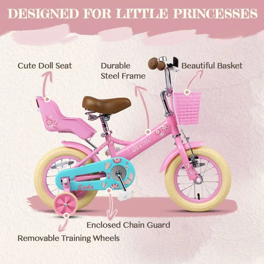 Sasha Mädchenfahrrad, 1220-Zoll-Kinderfahrrad für Kinder im Alter von 213 Jahren, Kinderfahrrad mit DollSeat-Verstärker, Korbverstärker, Stützräder, Mu