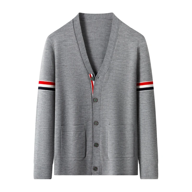 Designer Brand knitted cardigan men's autumn new classic color stripe trend pocket Korean casual side slit V-neck sweater coat