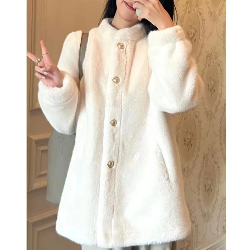 

Mid-length stand-up collar cardigan mixed with fur light style