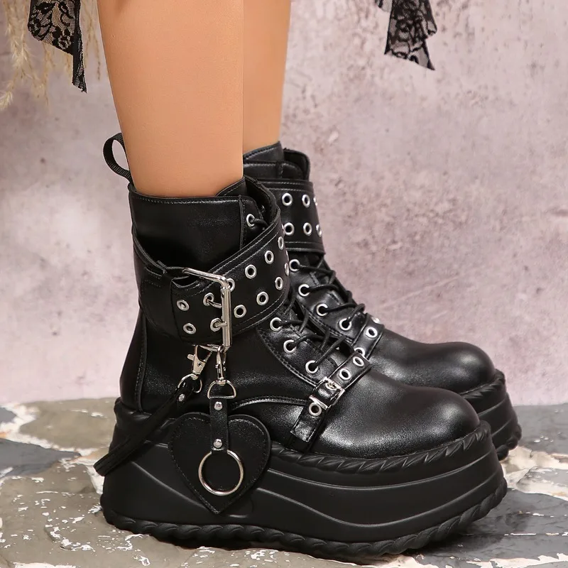 2026 New Punk Style Solid Buckle Strap Thick Soled Women's Mid Calf Boots Fashion Round Toe Wedge Side Zipper Casual Women Boots