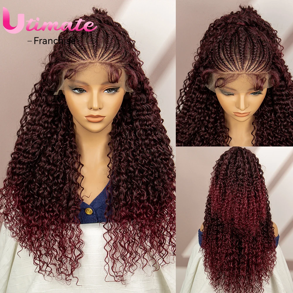 Burgundy Cornrow Braided Wigs Lace Front Synthetic Braids Wigs Curly Hair Afro Wigs with Baby Hair 99J Color Curly Wig for Women