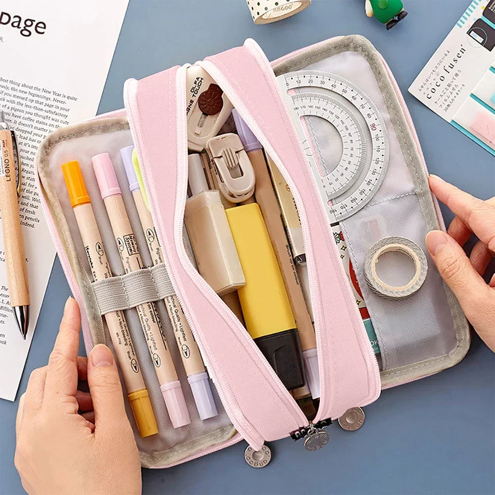 Large Capacity Pencil Case 3 Compartment Pouch Pen Storage Bag Double Side Opening Student Stationery Organizer School Supplies