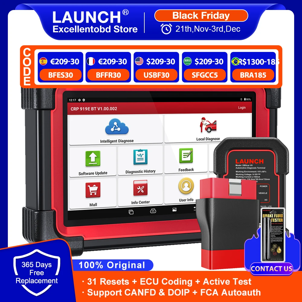 LAUNCH X431 CRP919E BT Car Diagnostic Tool OBD2 Scanner ECU Coding Active Test DBScar VII 31+ Reset CANFD DOIP Protocol