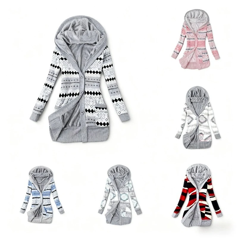 سترة نسائية بغطاء للرأس مع أزرار مطبوعة من الأزتيك وأكمام طويلة مبطنة بالصوف سترة دافئة ملابس خارجية غير رسمية للخريف