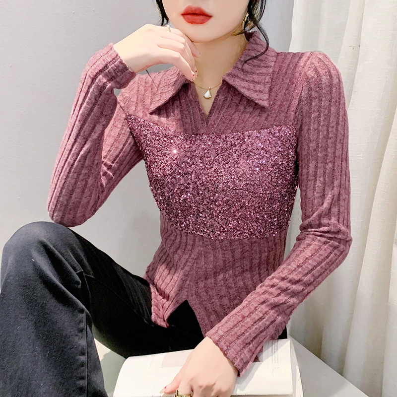 Korean Fashion POLO Collar Top Autumn Winter Women T shirt Casual Patchwork Long sleeved Sequin Tees